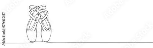 A pair of elegant ballet pointe shoes with ribbons, drawn in a graceful continuous line art style.