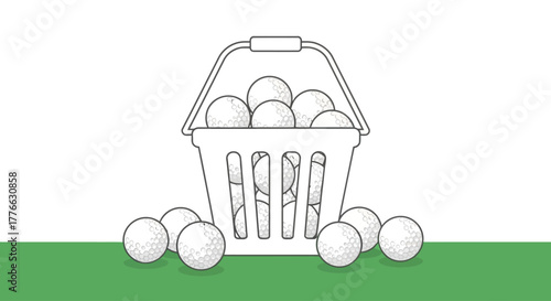A basket overflowing with white balls, some scattered on a green surface.