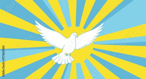 A white dove, a symbol of peace and hope, flies against a radiant background of blue and yellow sun rays.