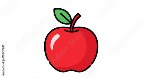 A simple red apple with a green leaf and stem.