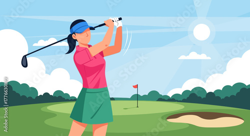 A female golfer in a pink shirt and visor swings her club on a sunny golf course.