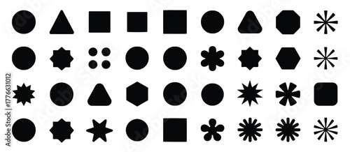 Black Geometric Shapes and Starbursts on White Background circle triangle