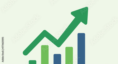A simple bar chart with a green arrow trending upwards, symbolizing growth, progress, and financial success.