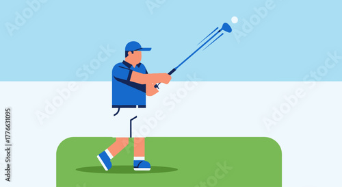 A golfer in a blue shirt and white shorts swings a golf club at a golf ball on a sunny day.