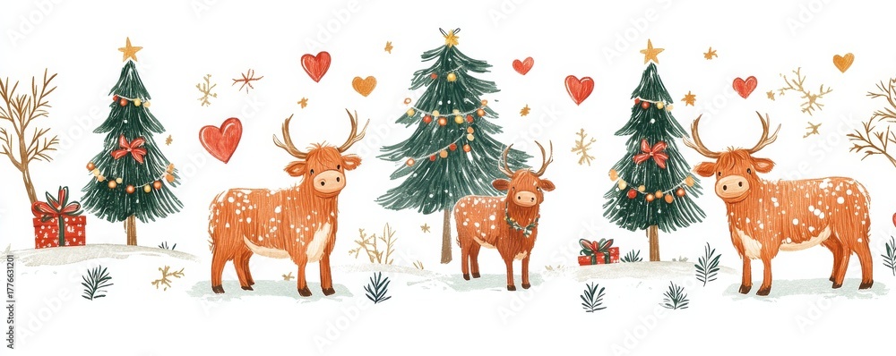 Obraz premium Festive Christmas pattern featuring adorable highland cows, decorated trees, and winter-themed elements