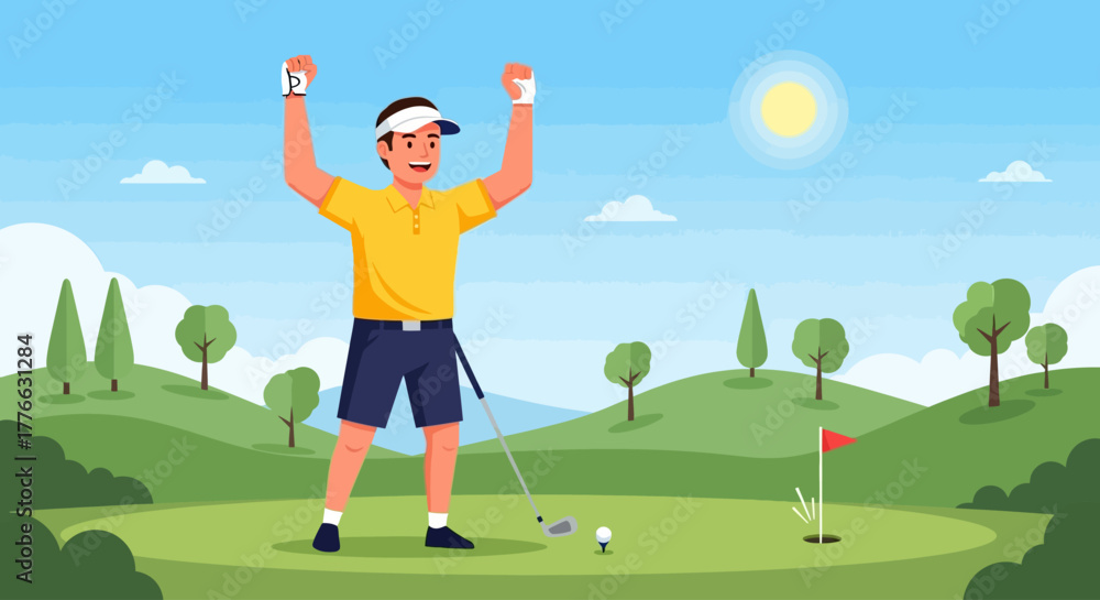 Fototapeta premium Golfer celebrating on the green after a successful shot, with golf club and ball.