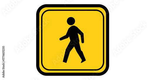 A yellow square sign with a black border displaying a black silhouette of a person walking.