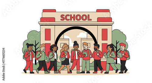 Illustration of students entering a school building with the word SCHOOL on top.