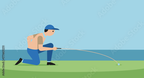 An illustration of a golfer kneeling on a green, lining up a putt with a golf club on a sunny day with water in the background.
