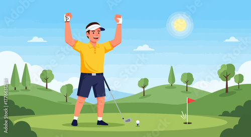 Golfer celebrating on the green after a successful shot, with golf club and ball.