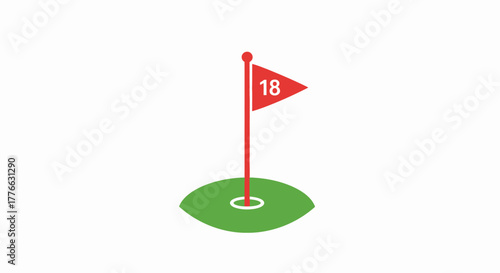 A simple vector illustration of the 18th hole on a golf course green with a red flag.