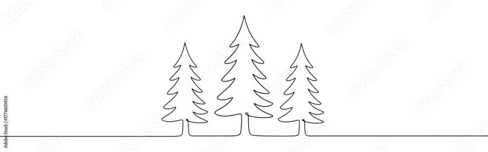 Fototapeta premium A continuous line art depiction of three pine trees of varying heights, representing a forest or natural woodland scene, isolated on a white background.