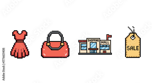 Retro pixel shopping icons dress, handbag, mall, sale tag