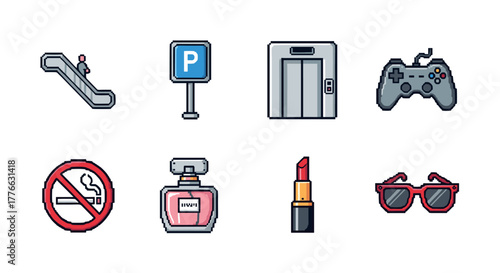 Pixel art icons escalator, parking, elevator, game controller, no smoking, perfume, lipstick, sunglasses