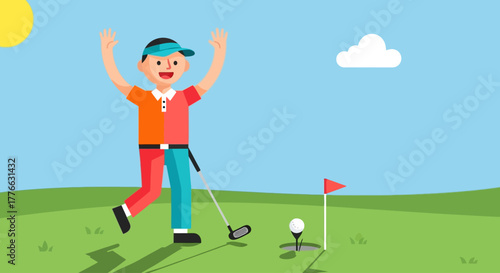Happy cartoon male golfer celebrating a successful putt on a sunny green golf course.