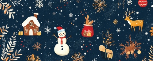 Charming Christmas pattern on a dark blue background featuring snowflakes, a cozy gingerbread house, playful snowman, and festive elements like reindeer and red gift bag