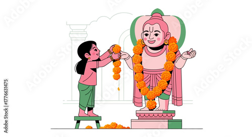 A child places a garland of marigolds around a statue of a deity.