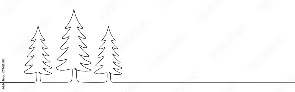 Obraz premium A continuous line art depiction of three pine trees of varying heights, representing a forest or natural woodland scene, isolated on a white background.