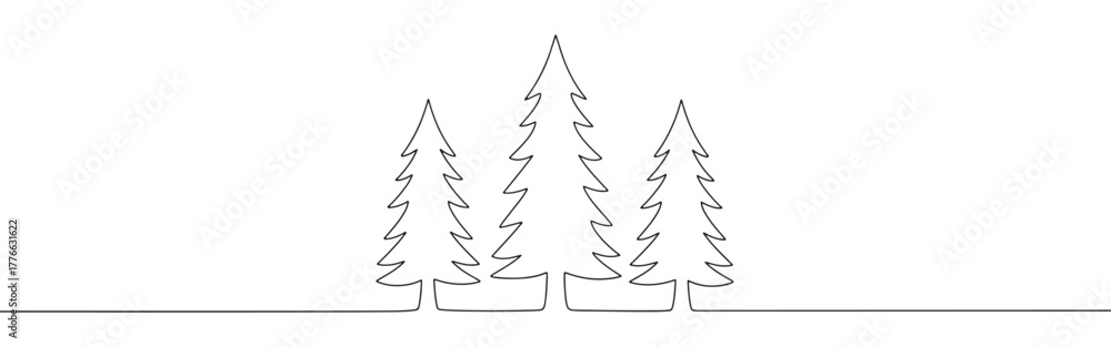 Obraz premium A continuous line art depiction of three pine trees of varying heights, representing a forest or natural woodland scene, isolated on a white background.
