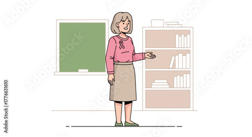 A female teacher stands in a classroom in front of a bookshelf and a green chalkboard.