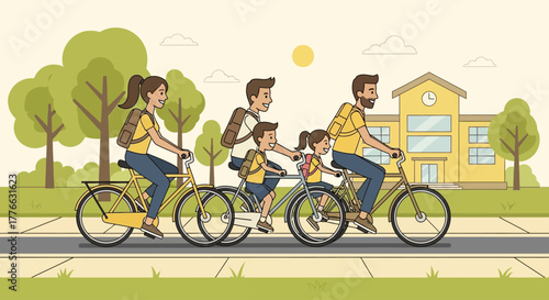 Family of five riding bicycles together on a sunny day, heading towards a school building.