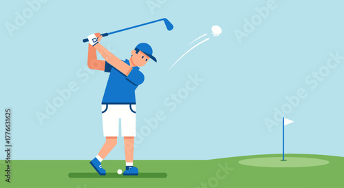 A golfer in blue swings a golf club, sending a ball towards the hole.