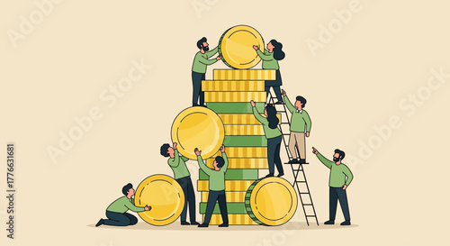 People collaborating to stack gold coins and green bars, symbolizing wealth building and financial growth.
