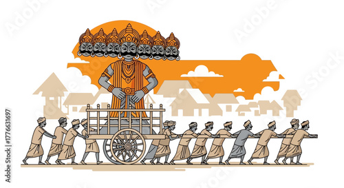 Illustration of people pulling a cart with a statue of Ravana on it.