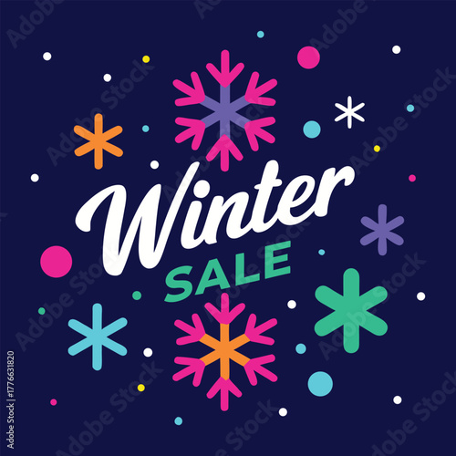 Vibrant Winter Sale Promotional Design with Colorful Snowflakes on Dark Navy Blue Background