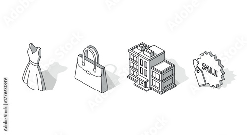 Isometric icons of fashion and real estate dress, handbag, building, sale tag