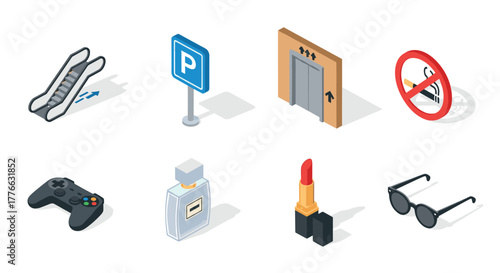 Isometric icons of everyday objects including elevator, parking, and escalator sign