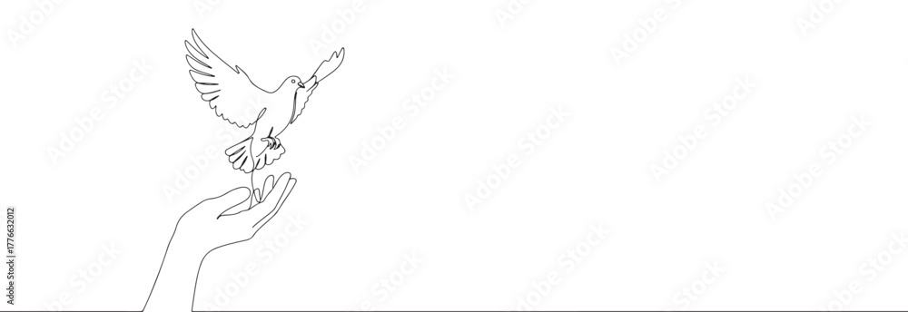 Fototapeta premium A continuous line art depiction of a dove gracefully ascending from an open human hand, symbolizing peace, freedom, and hope, isolated on a white background.