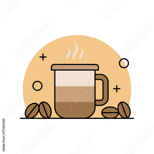 Flat Coffee Cup Icon – Modern Minimalist Café Illustration with Coffee Beans