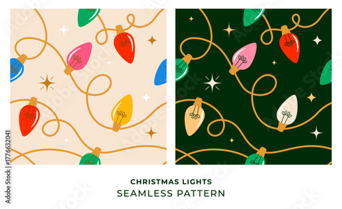 Colorful Christmas lights seamless pattern. Christmas background with festive lights garlands.