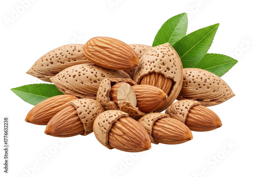 Almond Nuts Collection with Shells and Leaves Healthy Snack