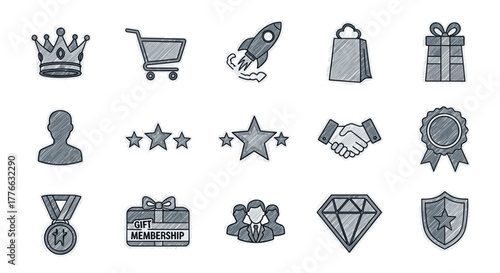 Doodle style icons of shopping, rewards, and collaboration concepts