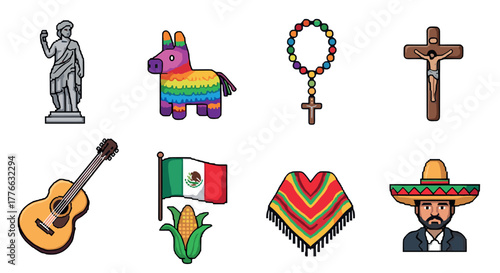 Pixel art collection featuring cultural symbols and traditional elements