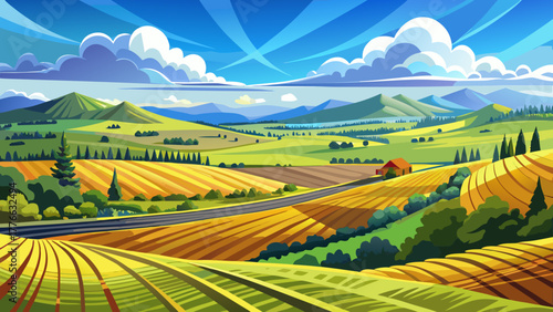 Very beautiful landscape of Guthrie, Kentucky, featuring a vast field of bluegrass stretching toward the horizon, seamlessly blending with the clear blue sky on a bright, sunny day.