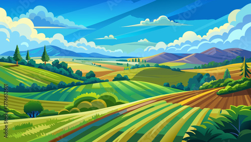 Very beautiful landscape of Guthrie, Kentucky, featuring a vast field of bluegrass stretching toward the horizon, seamlessly blending with the clear blue sky on a bright, sunny day.