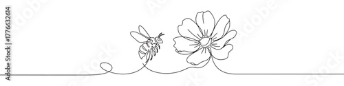 A continuous line art depiction of a busy bee flying towards a blooming flower, illustrating the natural process of pollination and ecosystem, isolated on a white background.	