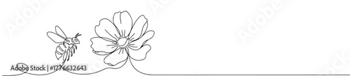 A continuous line art depiction of a busy bee flying towards a blooming flower, illustrating the natural process of pollination and ecosystem, isolated on a white background.	