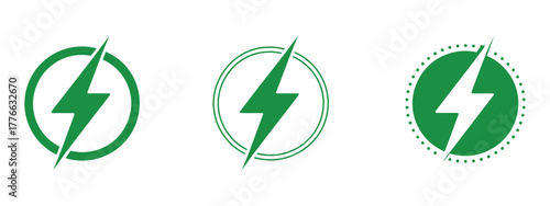 Green lightning bolt vector icon set for power, energy, charging, electric symbols eco friendly renewable, battery design sustainable technology illustration