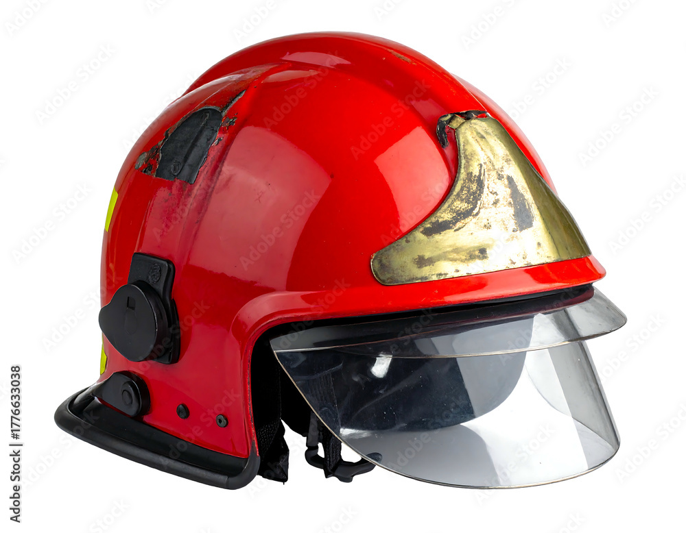 Fototapeta premium A close-up studio shot shows a firefighter's red helmet with a visor and gold-colored brim. The helmet is isolated