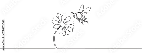 A continuous line art depiction of a busy bee flying towards a blooming flower, illustrating the natural process of pollination and ecosystem, isolated on a white background.