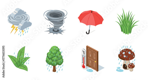 Weather and nature icons isometric symbols of climate and environment