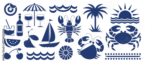 Blue Silhouette Icons of Summer Beach and Vacation Elements Keywords: summer, beach, vacation, blue, silhouette, icon, set, collection, boat