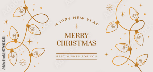 Christmas background with golden Christmas lights. Happy New Year 2026 and Merry Christmas card, banner and poster design.
