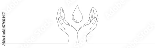 A continuous line art depiction of two hands tenderly cupping a large water droplet, representing water conservation, purity, and environmental care, isolated on a white background.