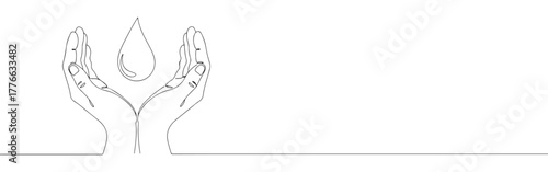 A continuous line art depiction of two hands tenderly cupping a large water droplet, representing water conservation, purity, and environmental care, isolated on a white background.