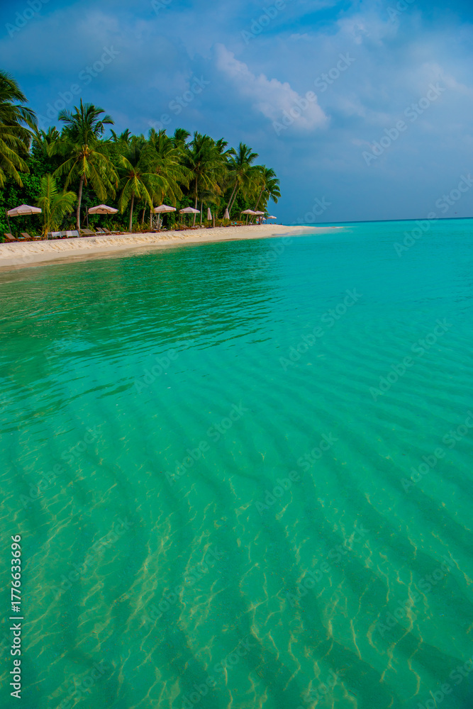 Naklejka premium Tranquil closeup calm sea water waves with palm trees. Beautiful Panorama, Tropical island beach landscape exotic shore coast. Summer vacation, holiday amazing nature. Relax paradise, Maldives.